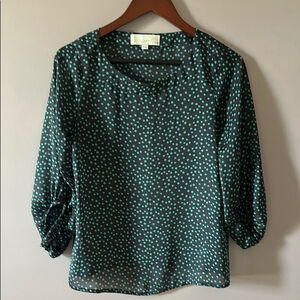Loft Navy Blue Green Polka Dot Women's Top Blouse Petite - SP